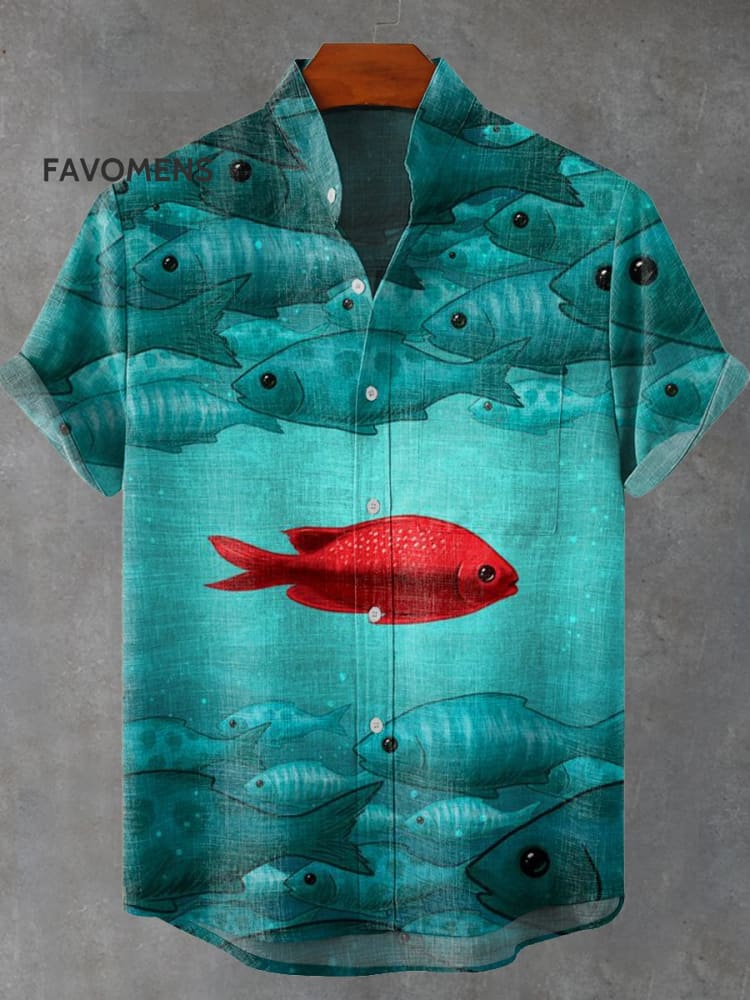 Red Fish Vintage Art Print Casual 100% Cotton Shirt Multicolor / S