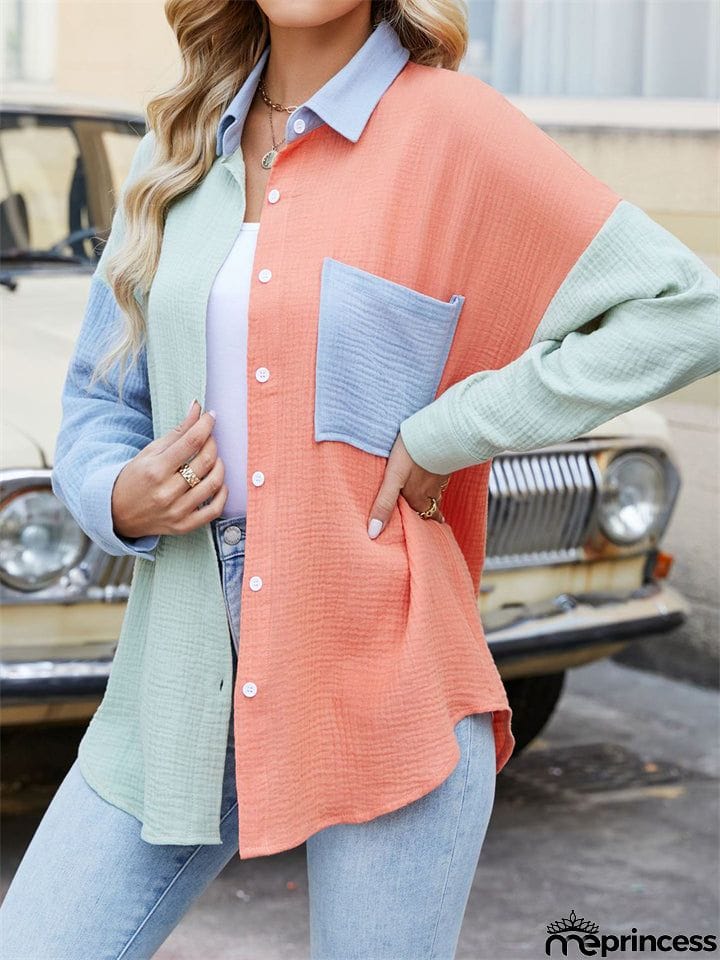 Vibrant Women's Contrast Color Lapel Long Sleeve Button Down Shirt