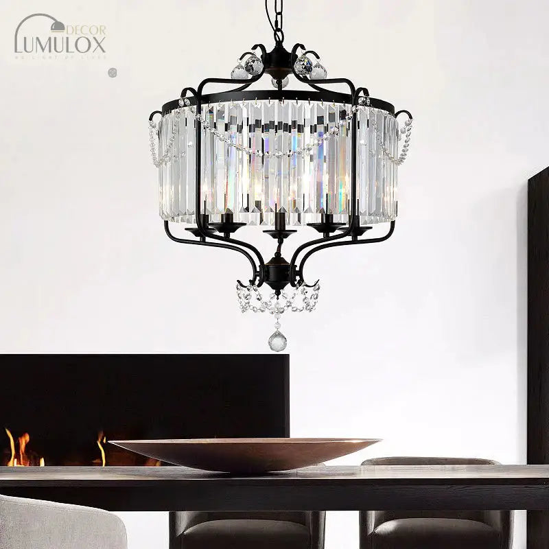 Round Crystal Chandelier Lamp Industrial Style With Wire Cage For Living Room 5 / Black