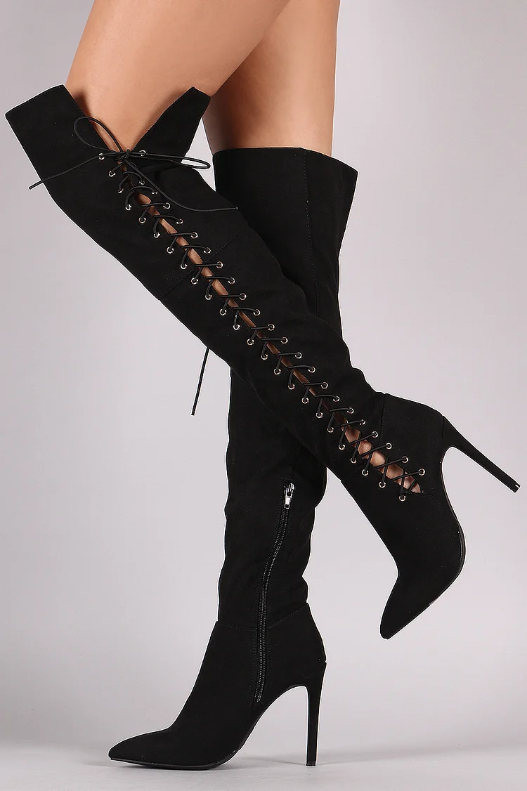 WMNS Thigh High Lace Front High Stiletto Heel Boots with Zipper / Khaki