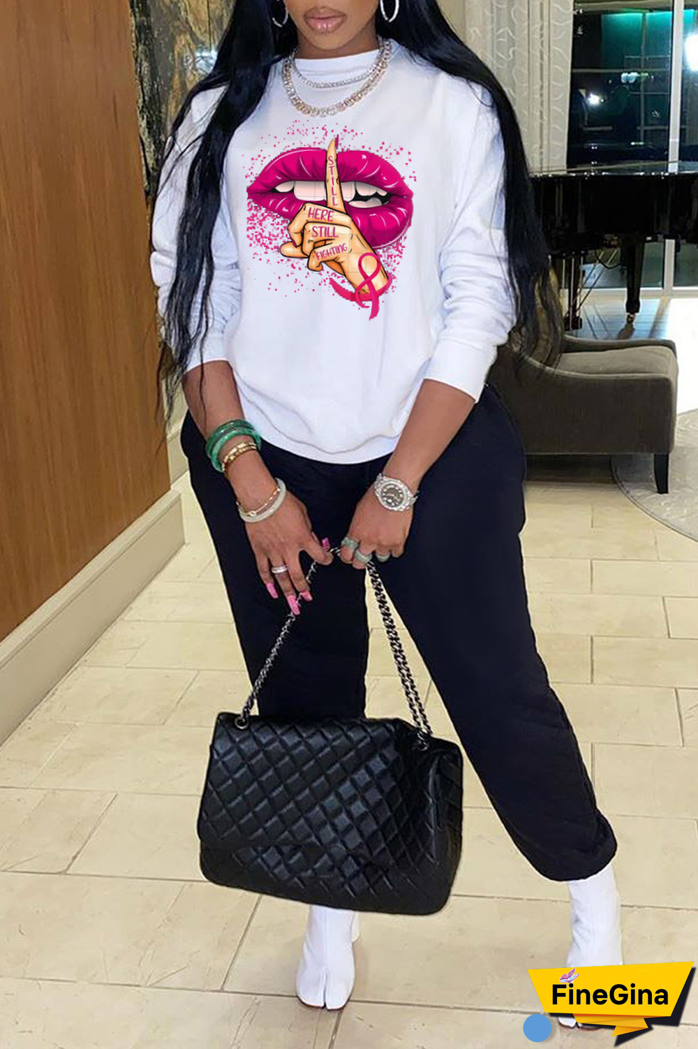 Blue Casual Street Lips Printed Patchwork O Neck Tops