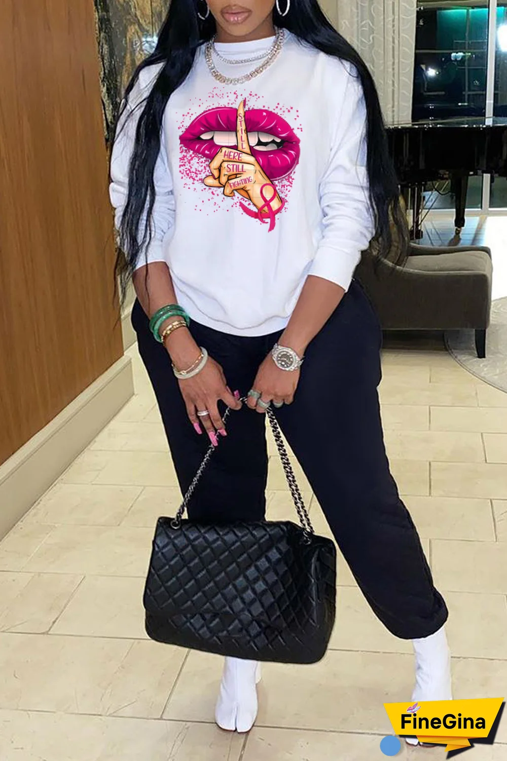 Blue Casual Street Lips Printed Patchwork O Neck Tops