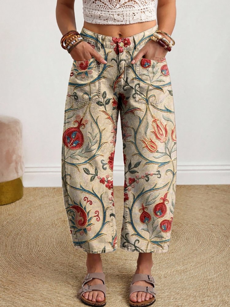 Women's Vintage Ethnic Floral Art Print Casual Jeans
