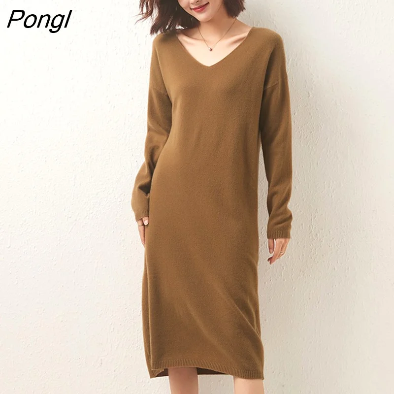 Pongl Women 100%Pure Cashmere Dress Fall/Winter New Knit V-Neck Plus Size Pullover High Waist Wool Sweater Wild Thick Long Skirt