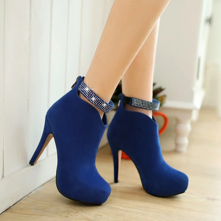 Cobalt Blue Suede Platform Ankle Strap Ankle Boots Vdcoo