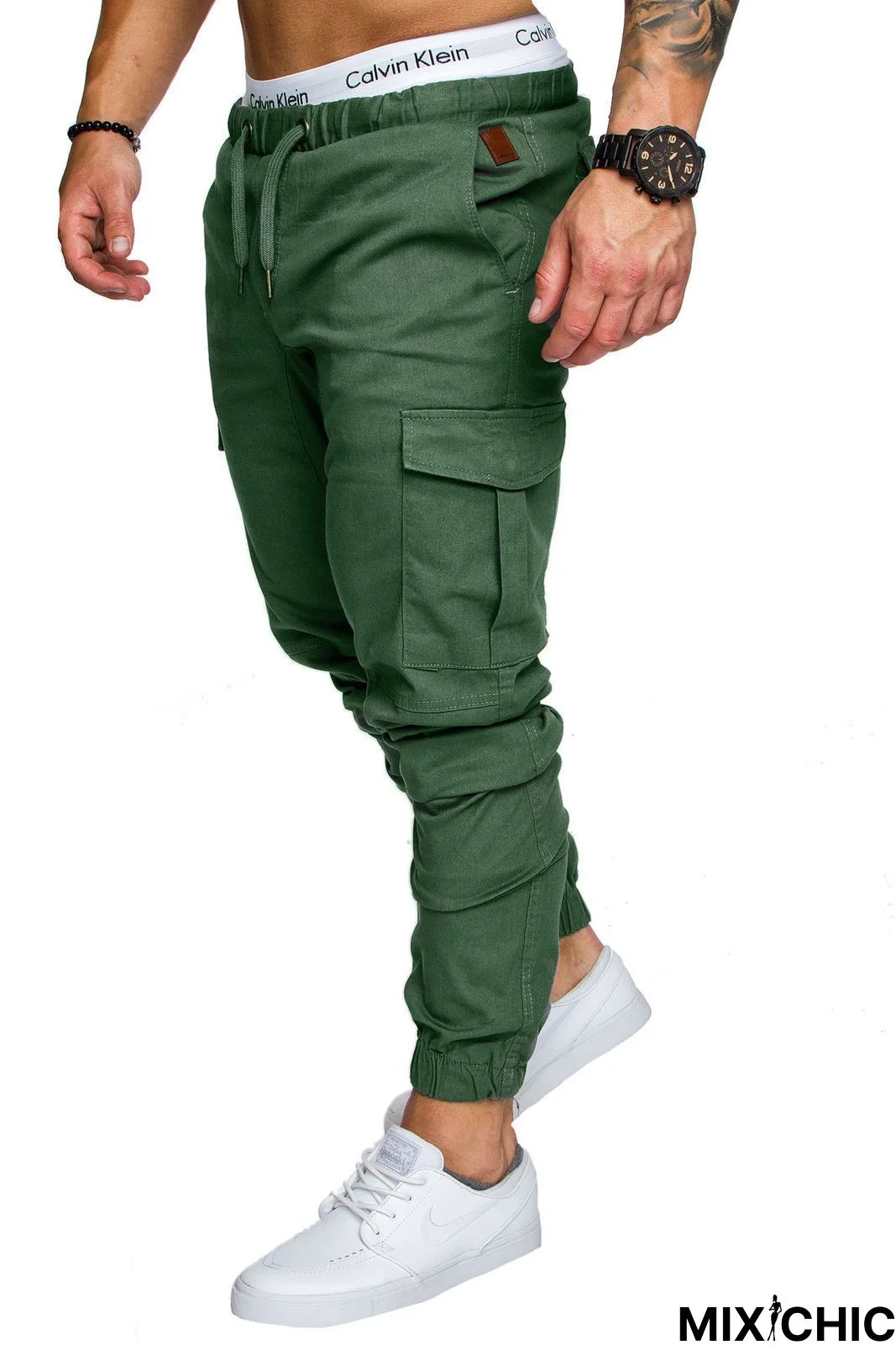 Men Casual Joggers Solid Color Pants Cotton Elastic Long Trousers