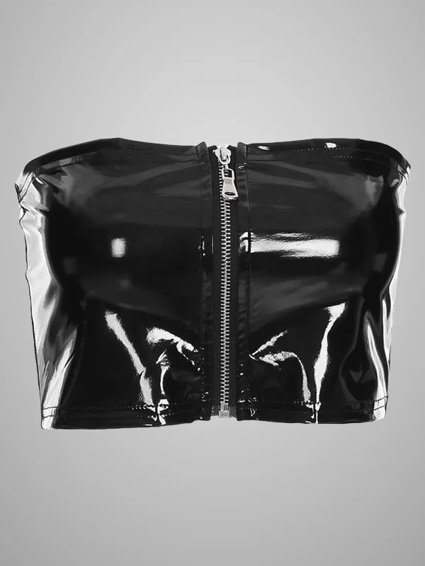 Dark Sexy Zipped Off Sleeve PU Leather Short Top Bare Midriff