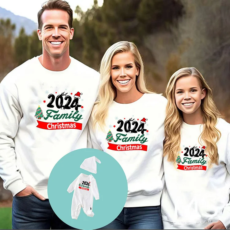 2024 Family Christmas  Print Long Sleeve Hoodie Matching Family Sweatshirt(White)
