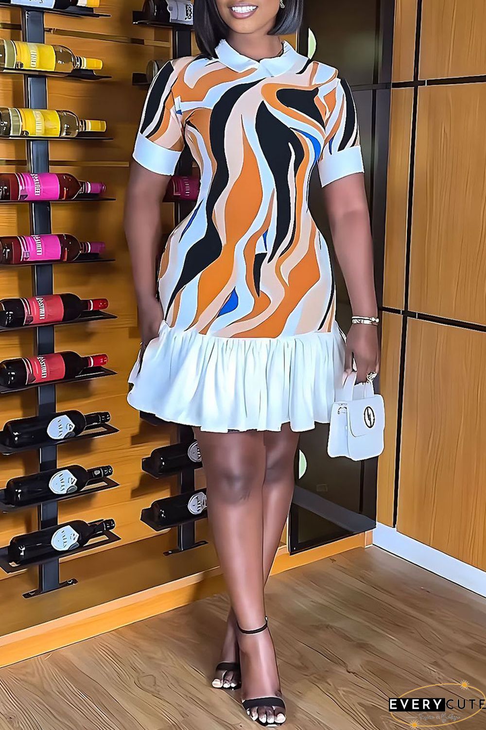 Multicolor Casual Print Patchwork Turndown Collar Short Sleeve Dress