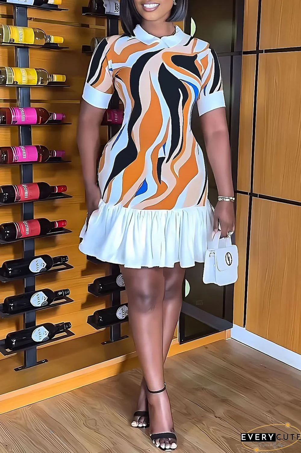 Multicolor Casual Print Patchwork Turndown Collar Short Sleeve Dress