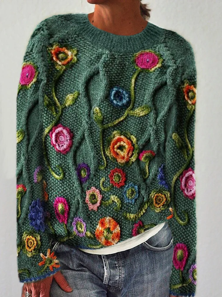 Colorful Floral Crochet Celtic Jacquard Knit Sweater