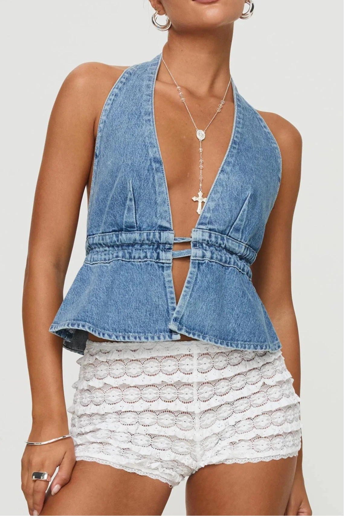 Halter Neck Denim Peplum Top with Tie Back - HIGIANNA&reg;