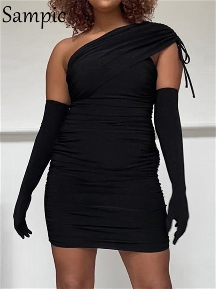 Sampic Baisc Autumn Summer Long Sleeve Sexy Ruched Women Club Party Dresses 2022 Bodycon Black Off Shoulder Fashion Mini Dress