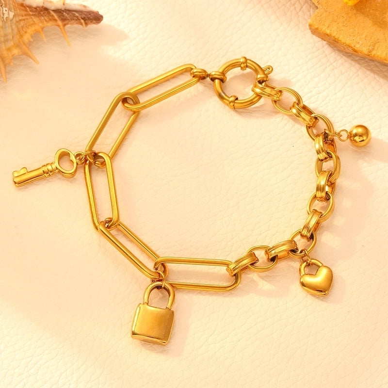 Elegant Heart Shape Key Lock Titanium Steel 18K Gold Plated Paperclip Chain Belcher Chain Bracelets In Bulk