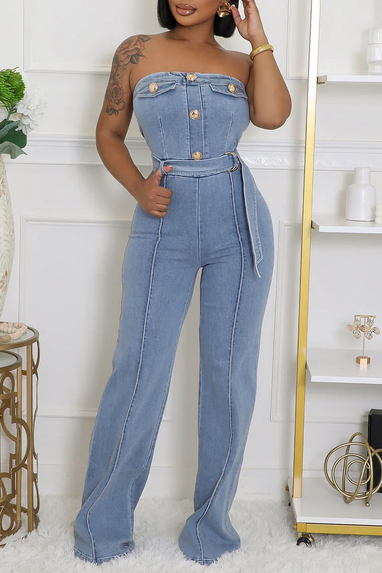 Strapless Button Up Straight Leg Denim Casual Jumpsuit-Blue