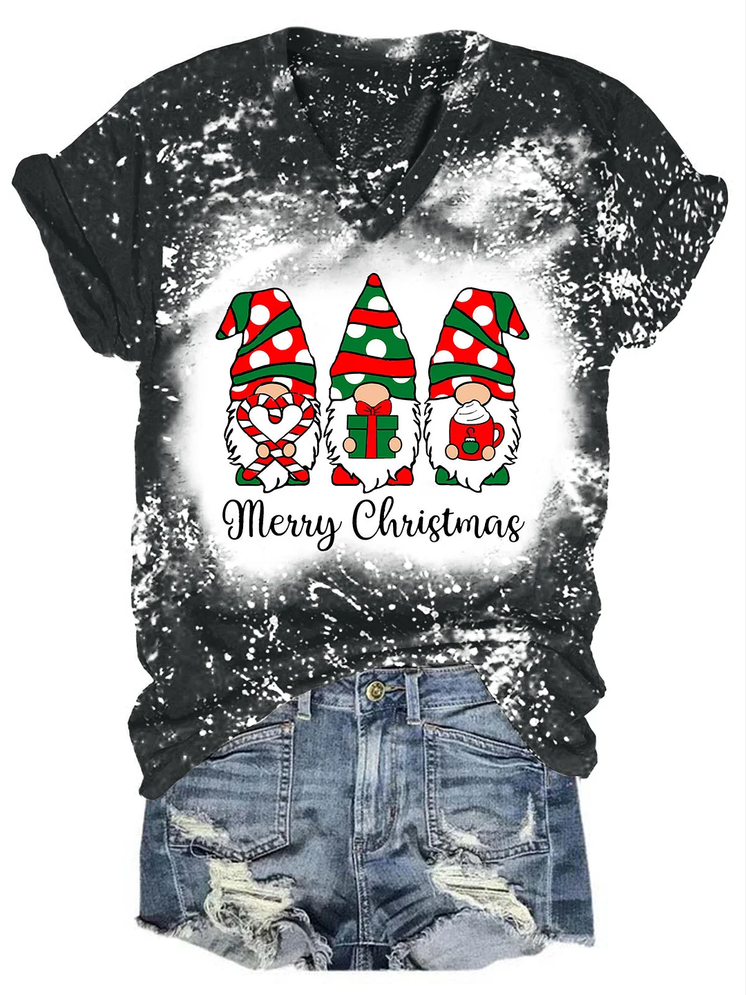 Merry Christmas Wave Point Gnomes Print T-shirt