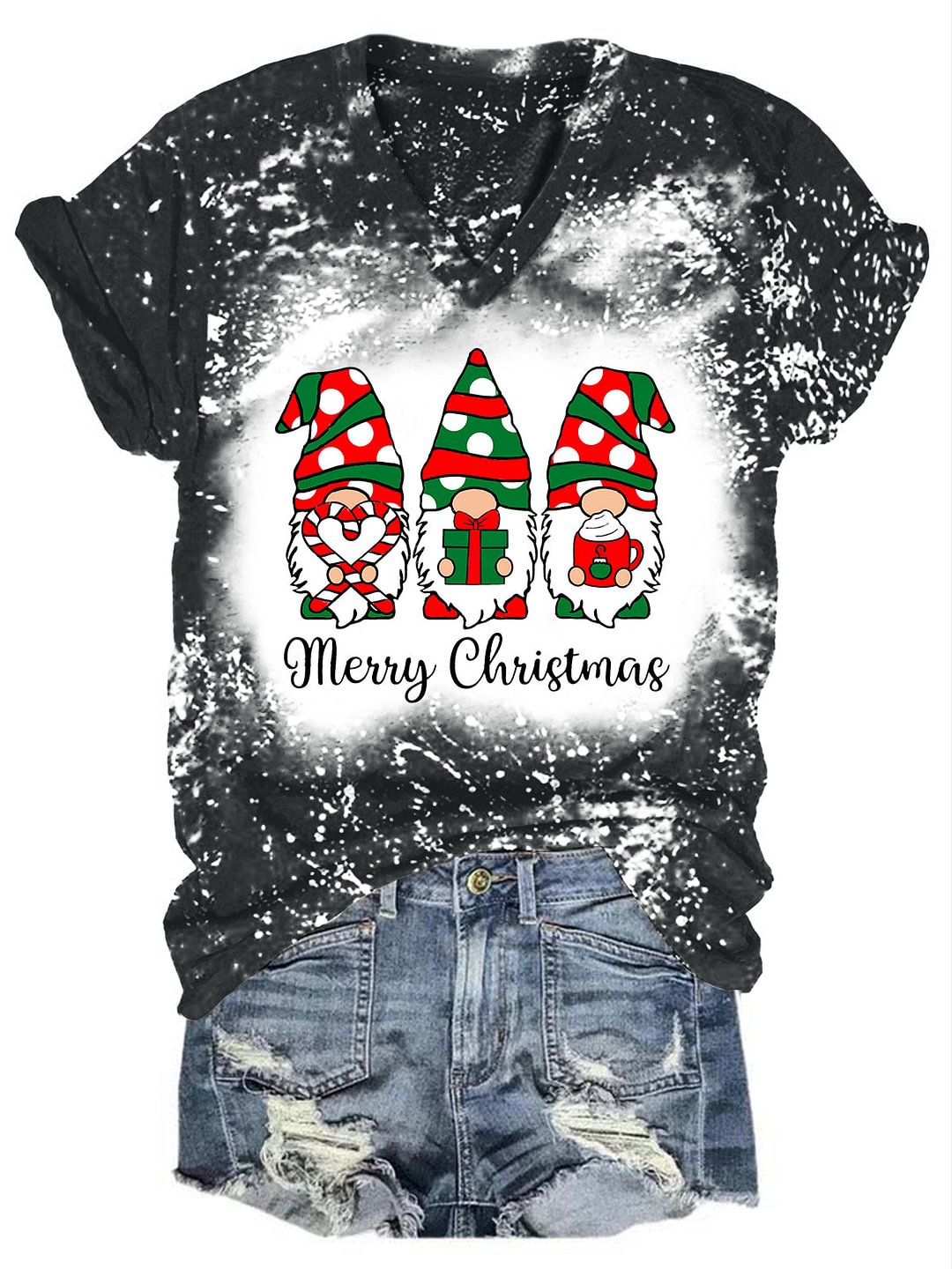 Merry Christmas Wave Point Gnomes Print T-shirt