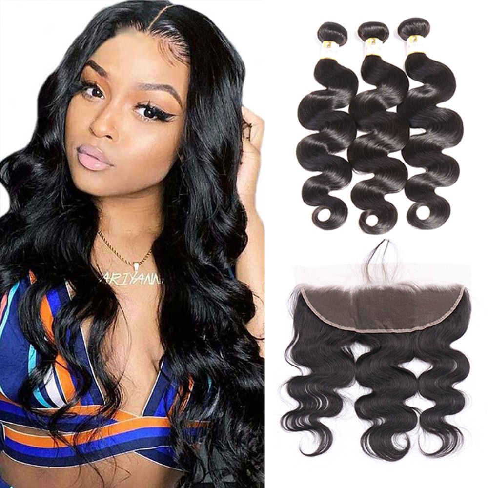 Peruvian Hair 3 Bundles with Frontal Body Wave Virgin Real Human Hair Extensions with 13x4 Lace Frontal Natural Color Zaesvini