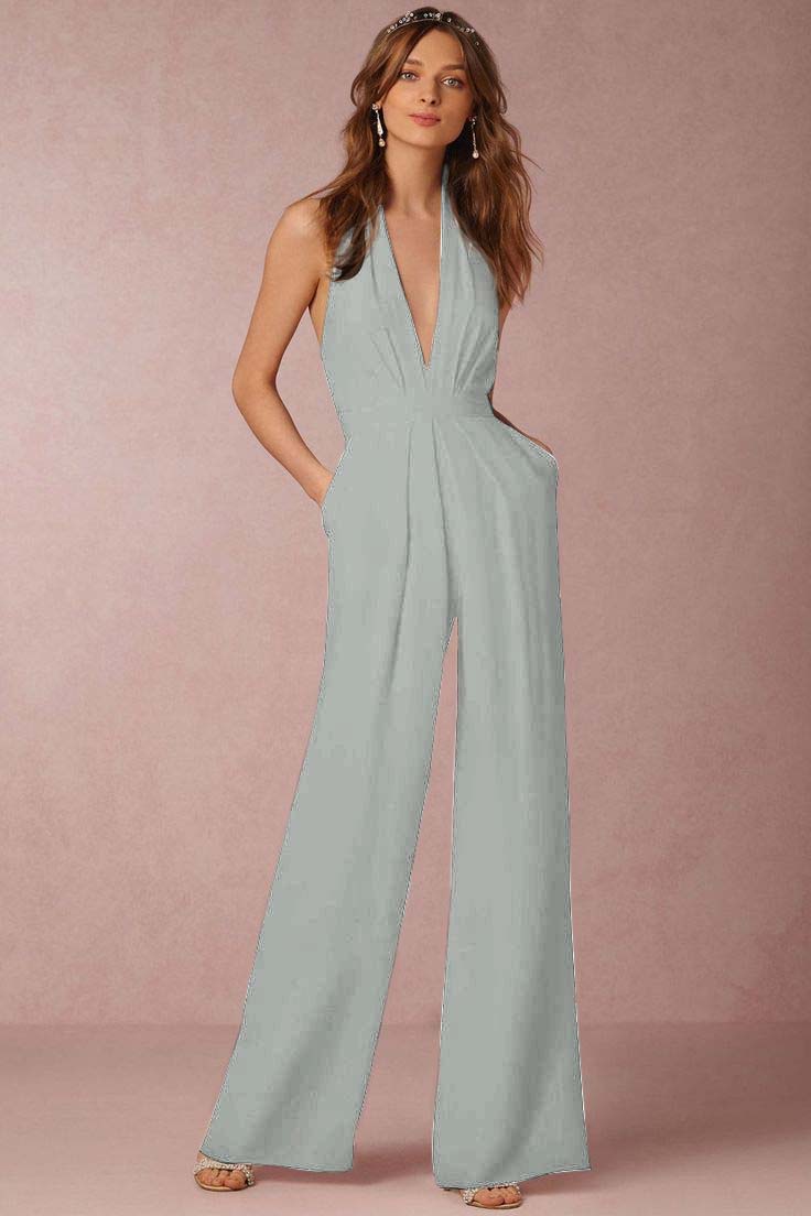 Hidais Stylish Black Halter Sleeveless High Waist Long Wid-Leg Jumpsuit with Pleated