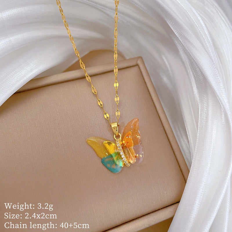 Colorful Butterfly Personality Fashion Gorgeous Full Diamond Necklace Women’S All-Match Clavicle Chain Titanium Steel