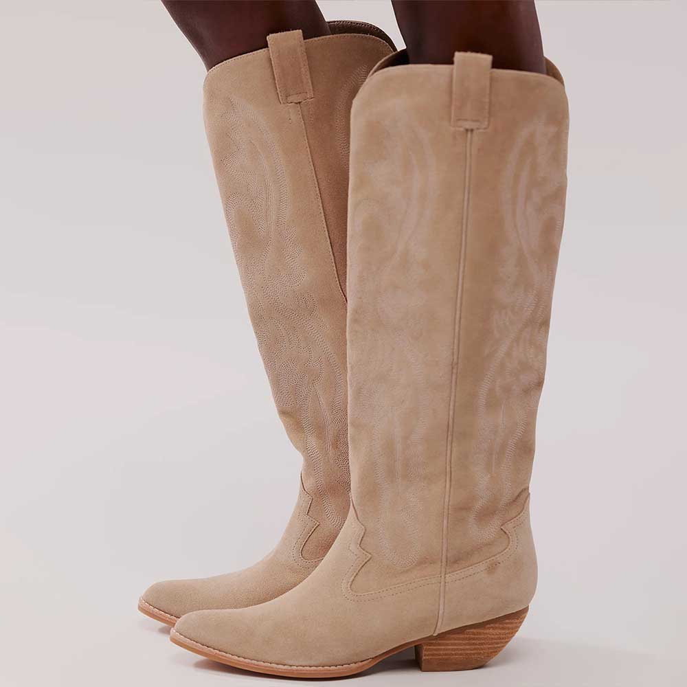 Beige Faux Suede Pointed Toe Block Heel Wide Calf Knee-High Boots Nicepairs