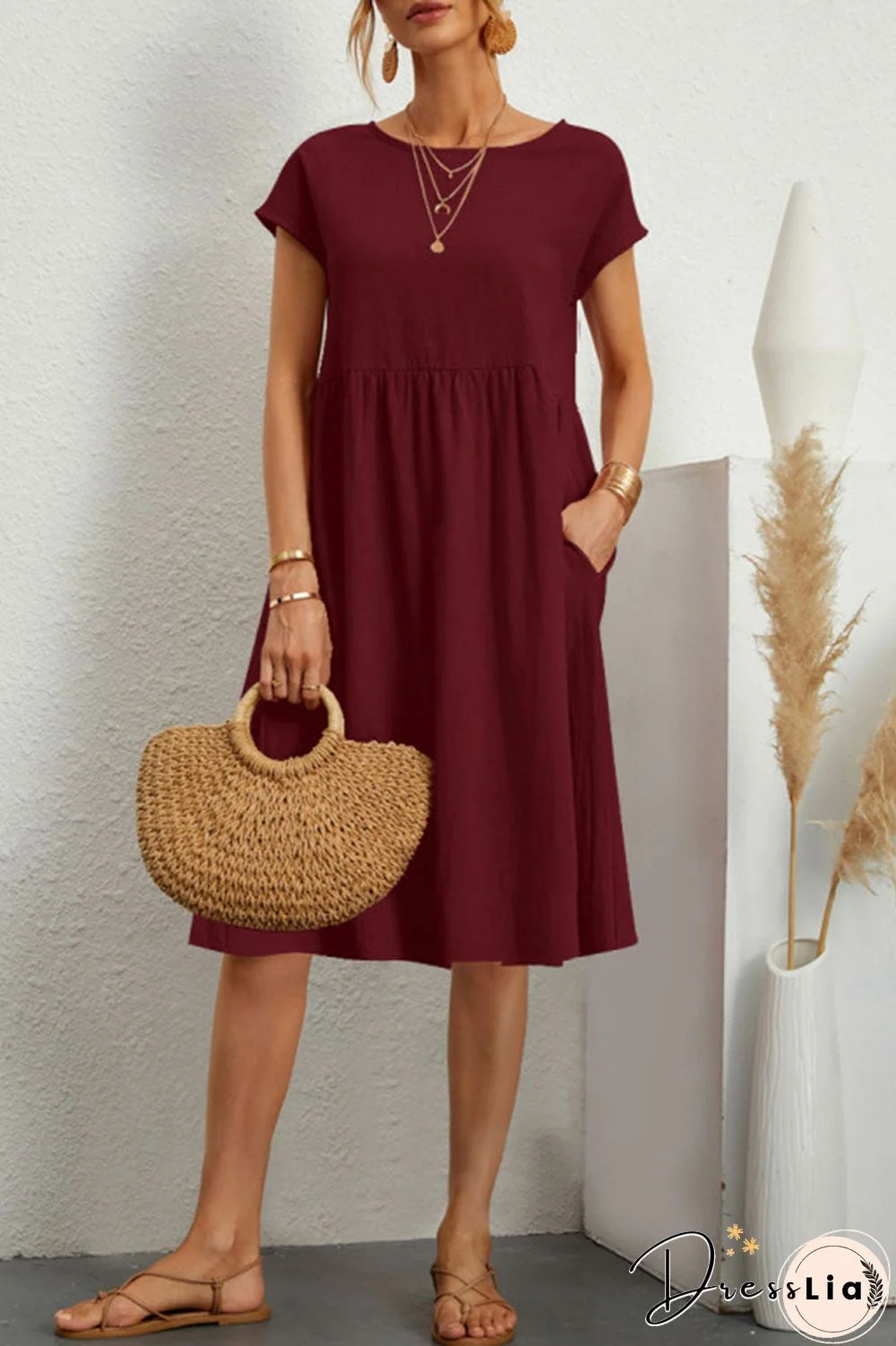 Casual Solid Patchwork O Neck A Line Short Sleeve Dress(11 Colors)