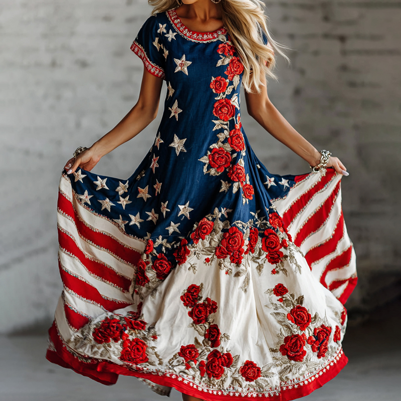  Vintage Floral Flag Art Flowy Linen Maxi Dress Westsshops