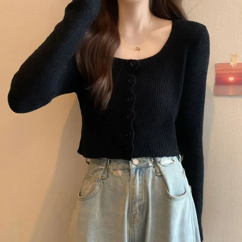 Uveng Uveng Style Blouse Spring And Autumn 2023 New Chic Temperament Square To Slimming Short Long-Sleeved Knitted Shirt Woman