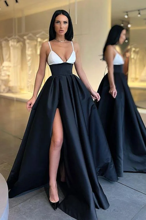 Luluslly Black and White Spaghetti-Straps Prom Dress With Slit