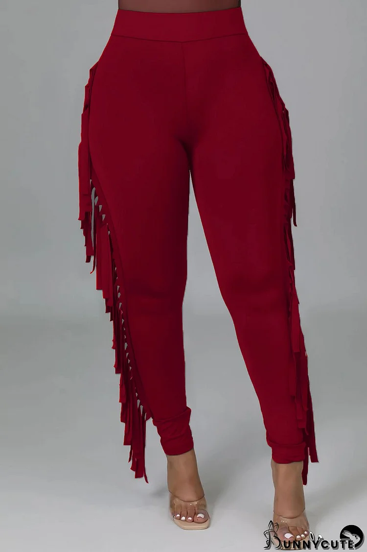 Burgundy Fashion Casual Solid Tassel Regular High Waist Pencil Trousers