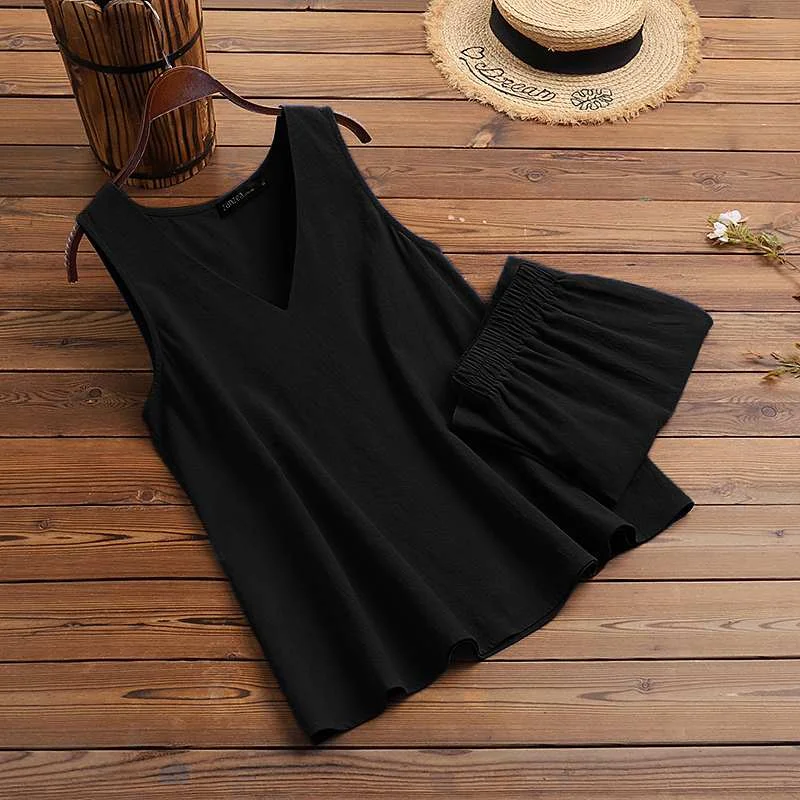 Summer Sleeveless Short Sets 2PCS ZANZEA Casual Matching Sets Women Tanks Tops and Shorts Loose Solid Cotton Suits Home wear