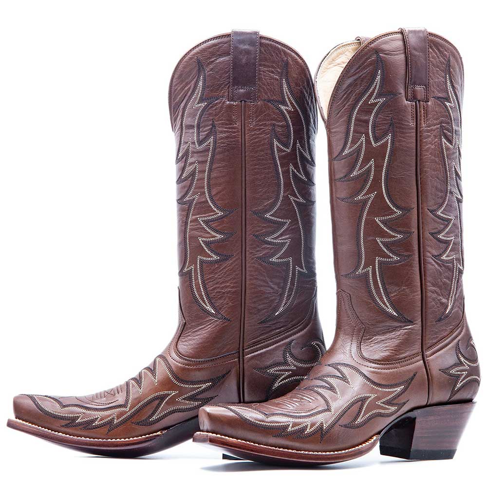 Stitching Snip Toe Chunky Heel Knee-High Cowgirl Boots in Brown Nicepairs