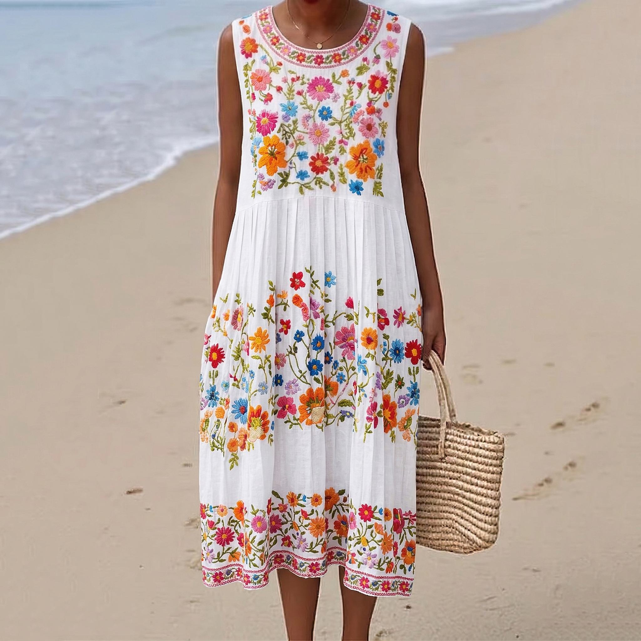 Women's Bohemian Floral Pattern Round Neck Sleeveless Linen Blend Midi Dress elevenforest