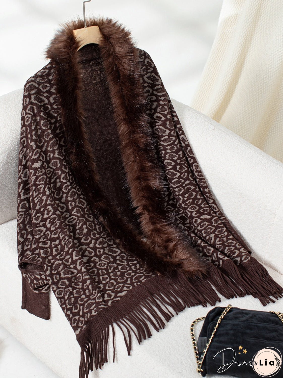 Fringe Leopard Open Front Long Sleeve Poncho