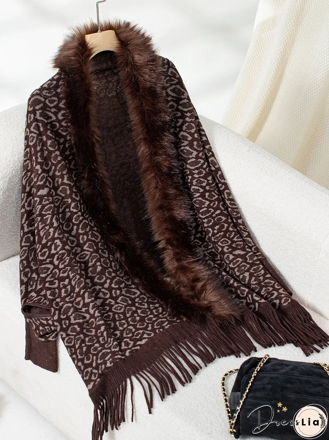 Fringe Leopard Open Front Long Sleeve Poncho