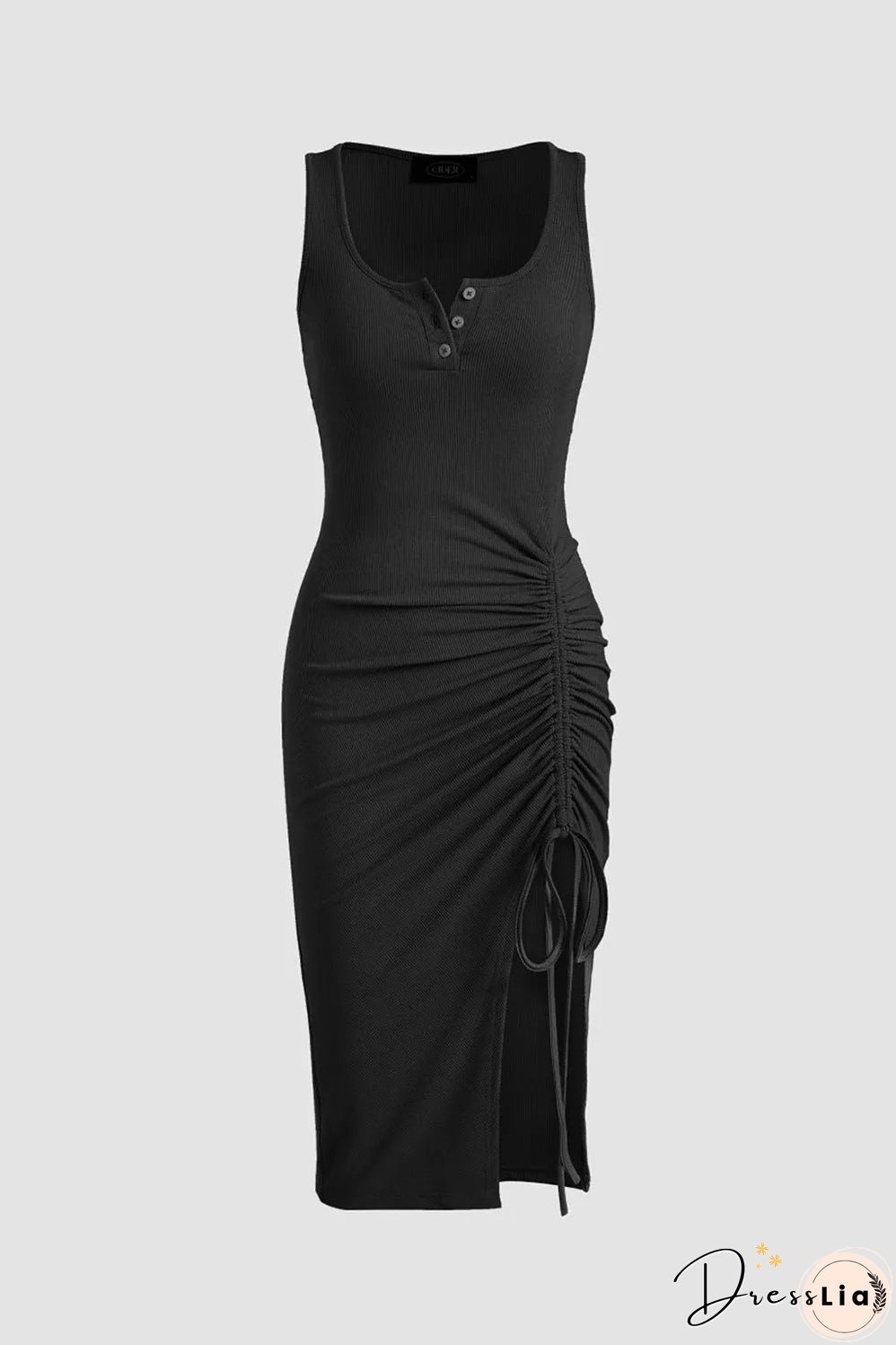 Black Drawstring Ruched Side Split Ribbed Midi Dress