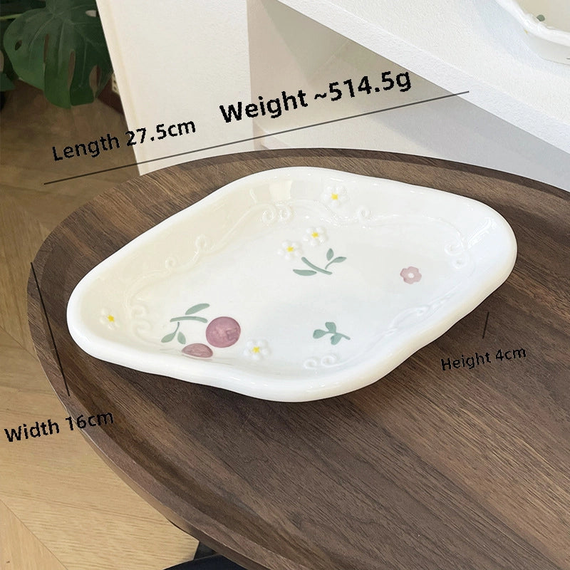 Embossed Fruit Air Cake Plate Household Ceramic Tableware Rice Bowl Disc Deep Plate Cream Color Cute High Face