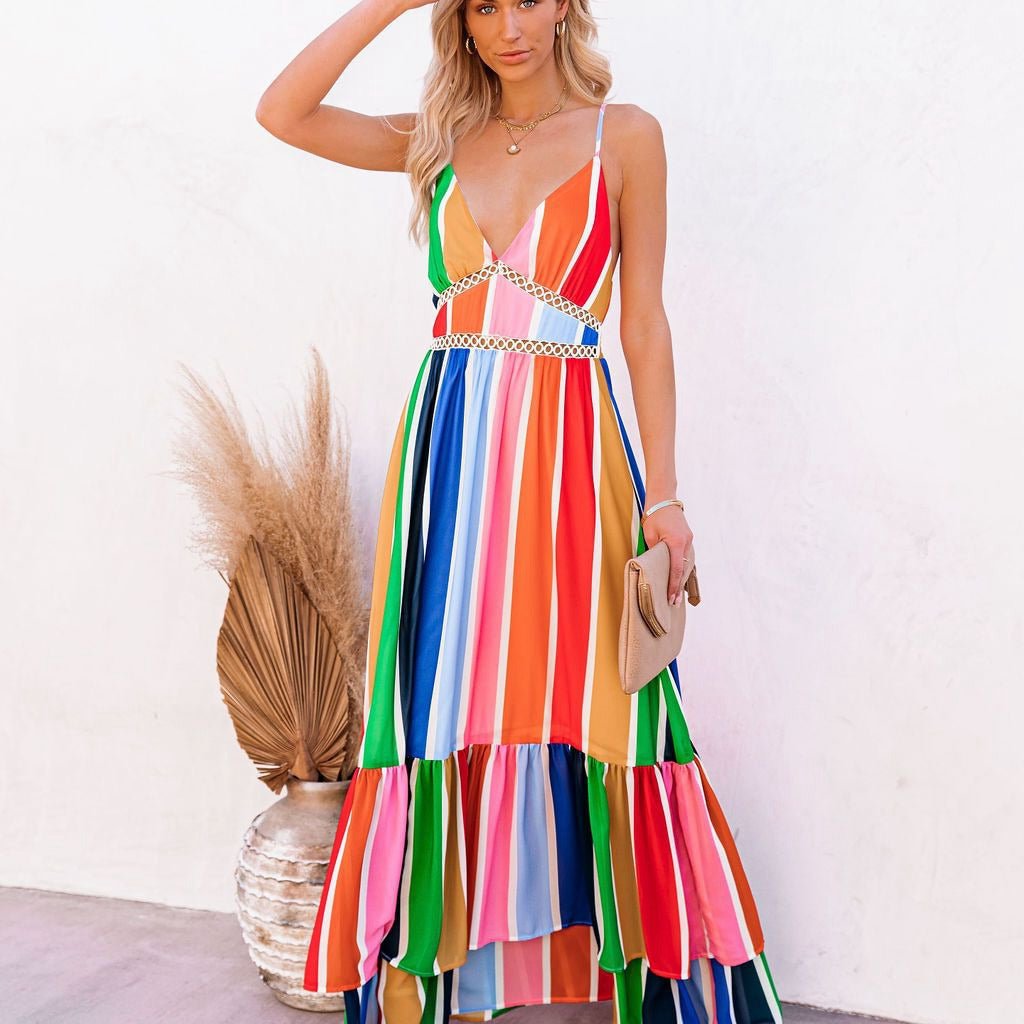 Rainbow Striped Printed Lace Stitching Deep V Lace-up Long Dress