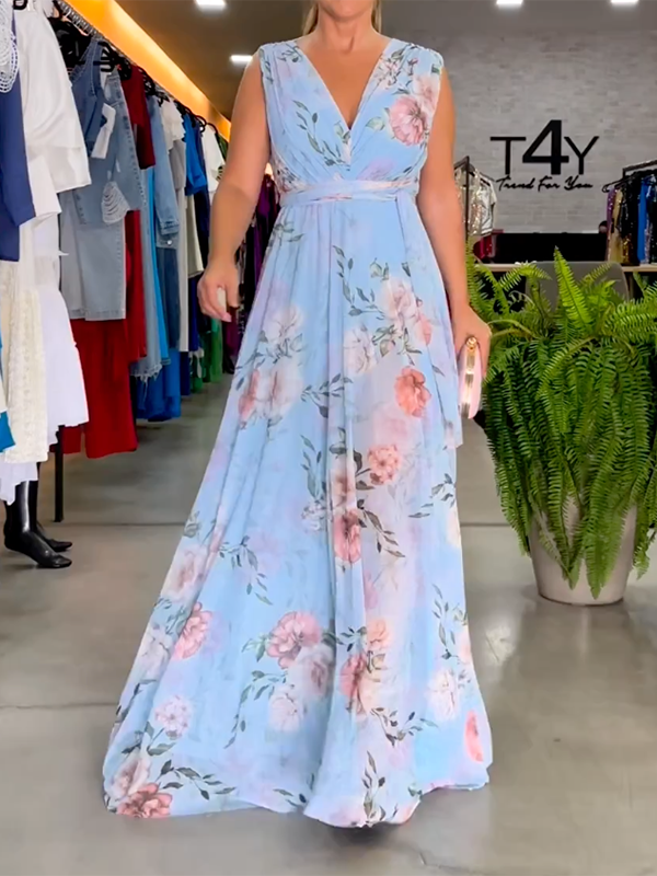 Stylish Floral Printed V-Back Elegant Maxi Dresses