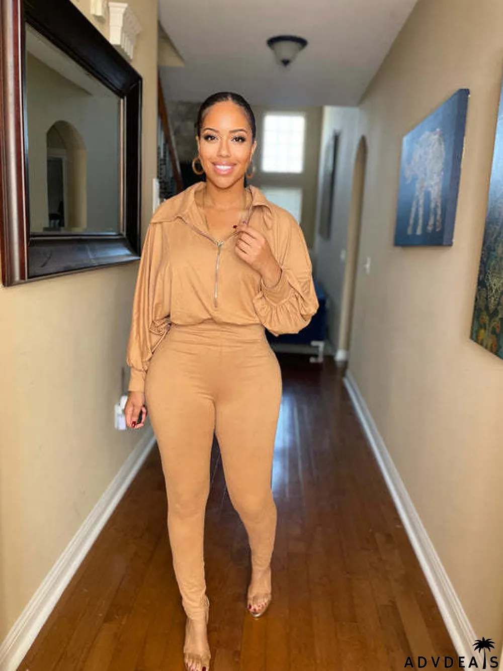 Plus Size Fashion Solid Color Zipper Jumpsuit