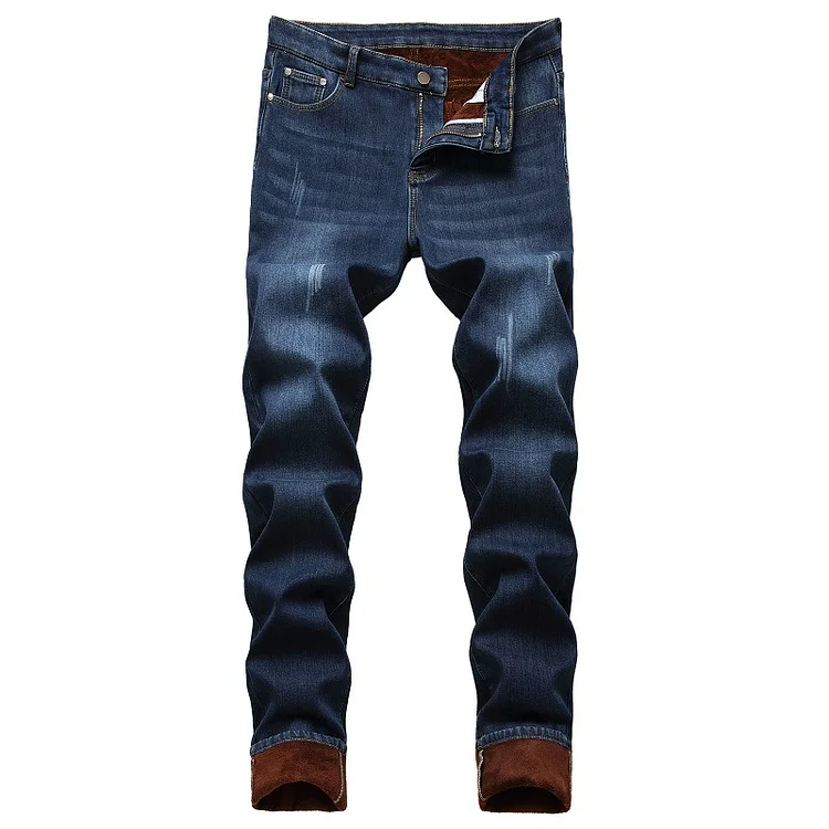 BrosWear Solid Color Fleece Warm Straight Jeans