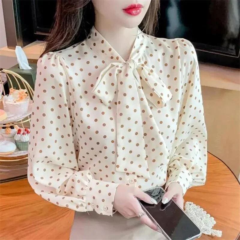 Bow Tie Women’s Shirt Ribbon Blouses Polka Dot Chiffon Shirt Elegant Woman Blusas Autumn Long-Sleeve Shirt Female Blouses