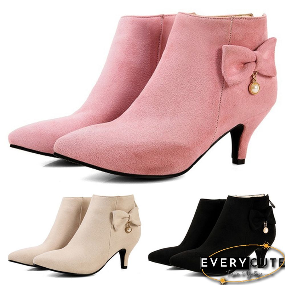Womens Ankle Boots Low Heels Shoes Bow-Knot Suede Short Boot for women plus size pink