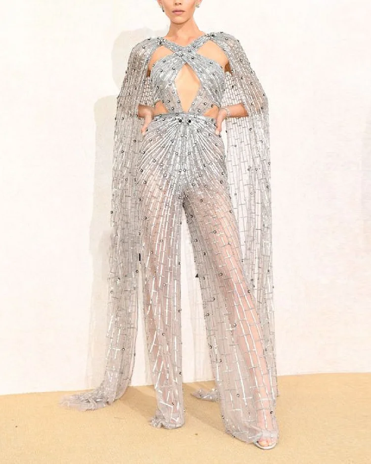 Cocktail Party Tulle Sequins Crossover Cape Jumpsuit