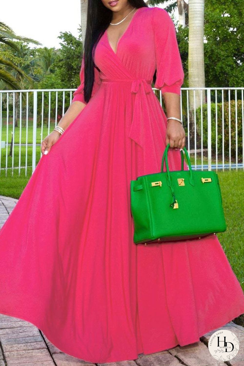 Rose Red Fashion Casual Solid Bandage V Neck Long Sleeve Dresses