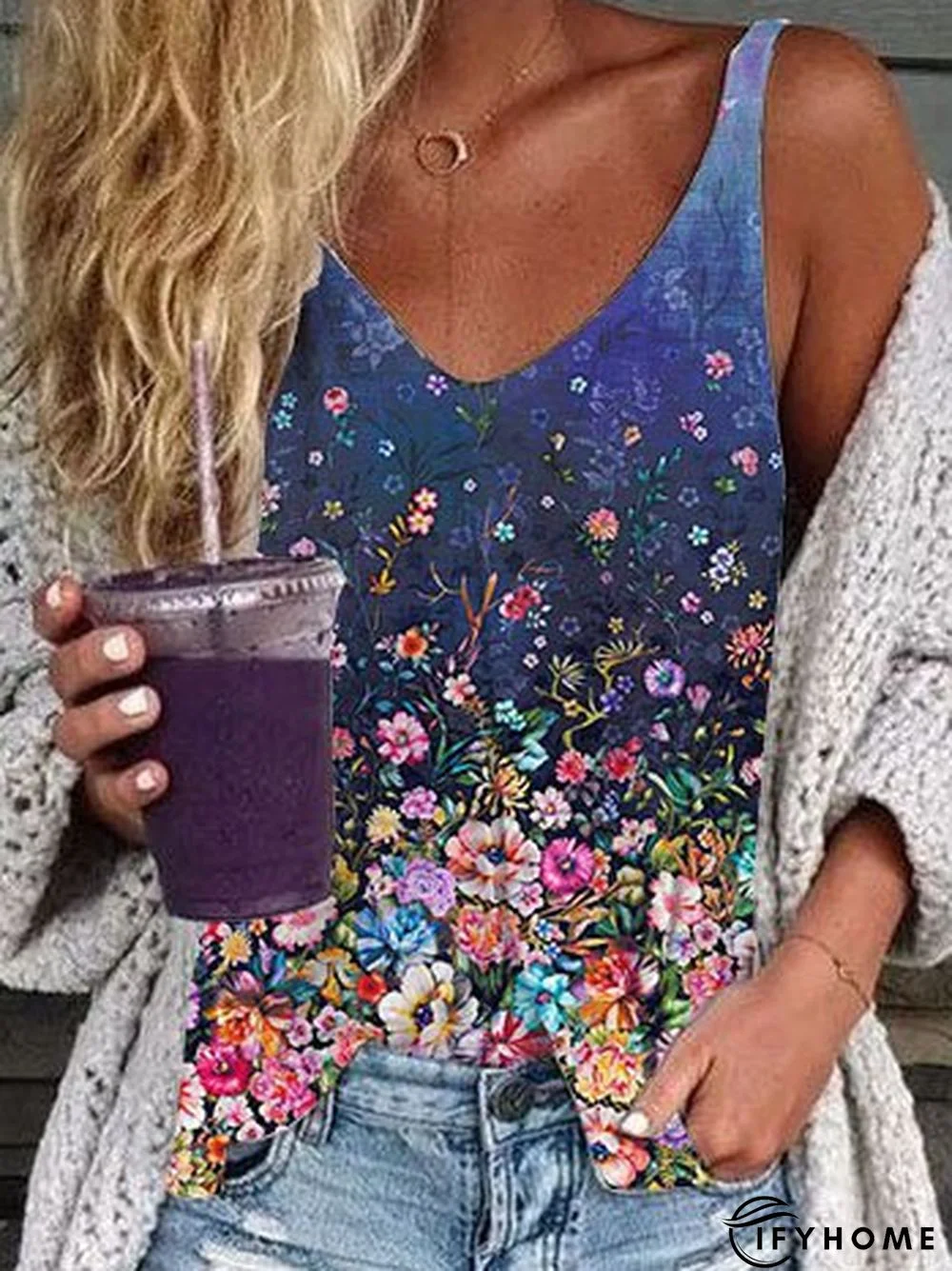 Floral Cotton-Blend Sweetheart Neckline Fit Tank & Cami | IFYHOME