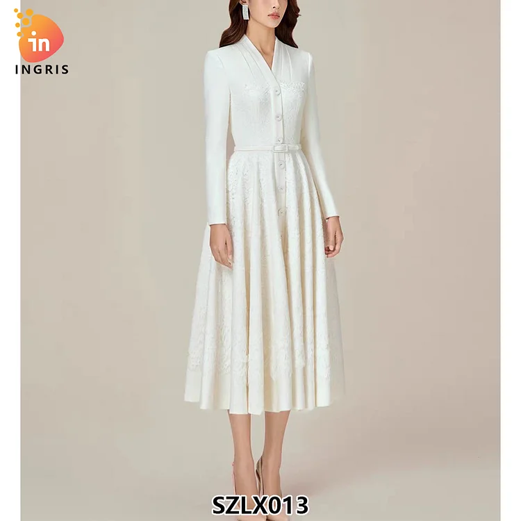 Fashion Luxury Ramadan Vietnam Design High Waist Floral Lace White Dress 2025 New Hot Selling V-neck Pleated Long Evening Dress-SZLX013