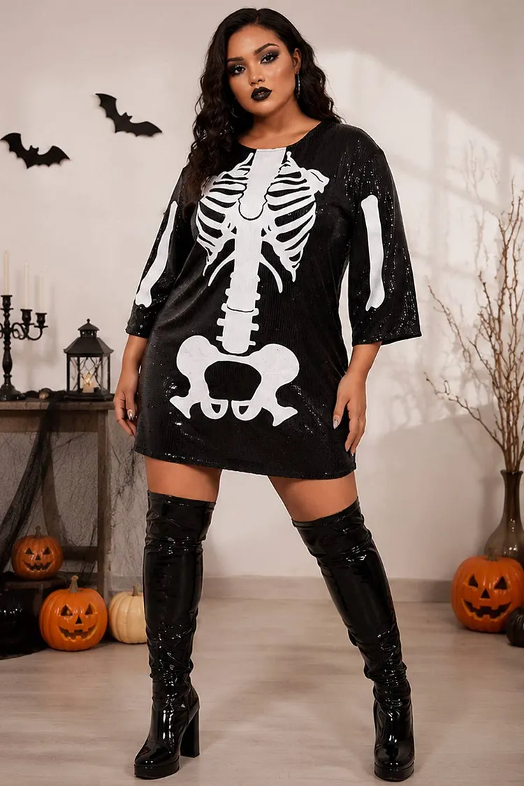 Xpluswear Design Plus Size Halloween Costume Black Sequin Skeleton