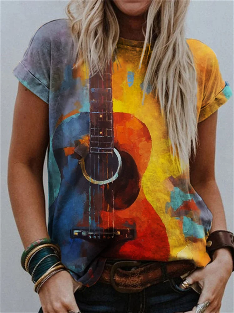 Guitar Contrast Color Art Crew Neck T Shirt
