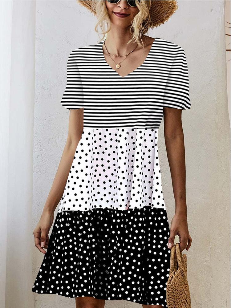 Women Casual Short Sleeve V-neck Striped Polka Dot Printed Midi Dress